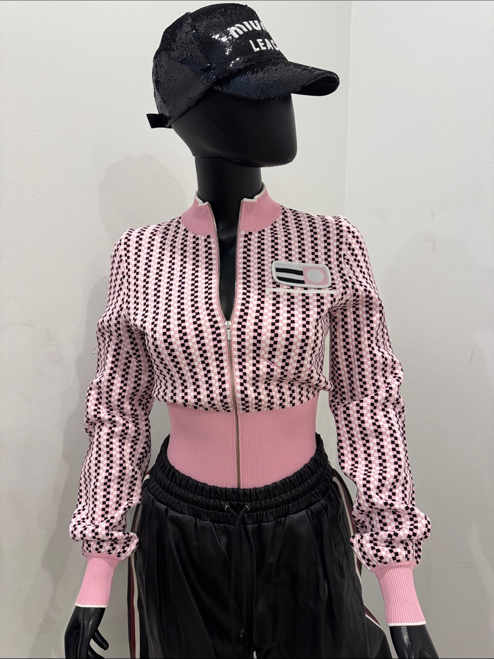 Miu Miu Club Cropped Zip Jacket Pink Checker Logo Jersey IT 40 Rare NEW